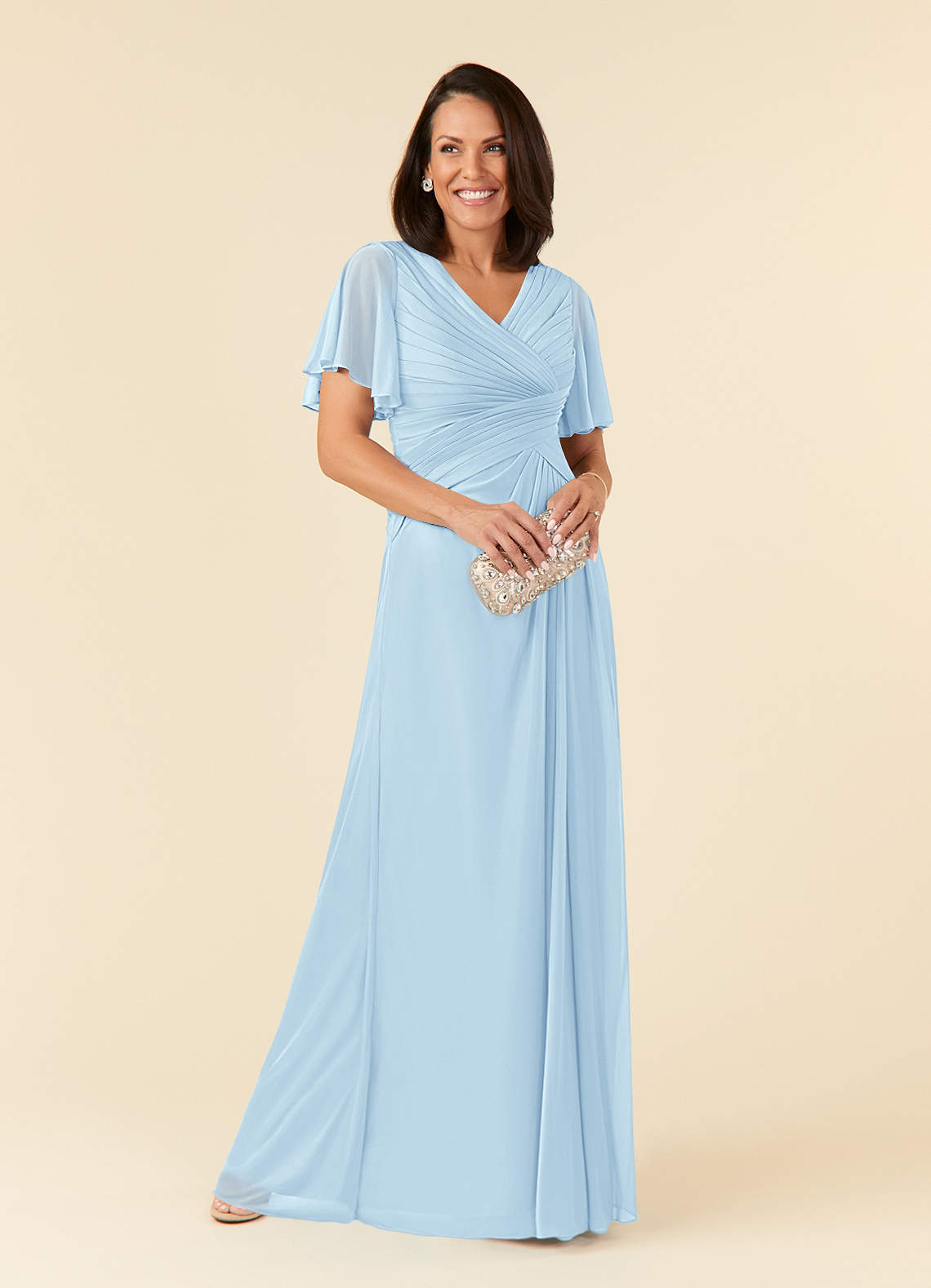 Azazie Emmeline Mère de la mariée Robes Robe Trapèze en Maille Col V plissé Bleu Ciel image1