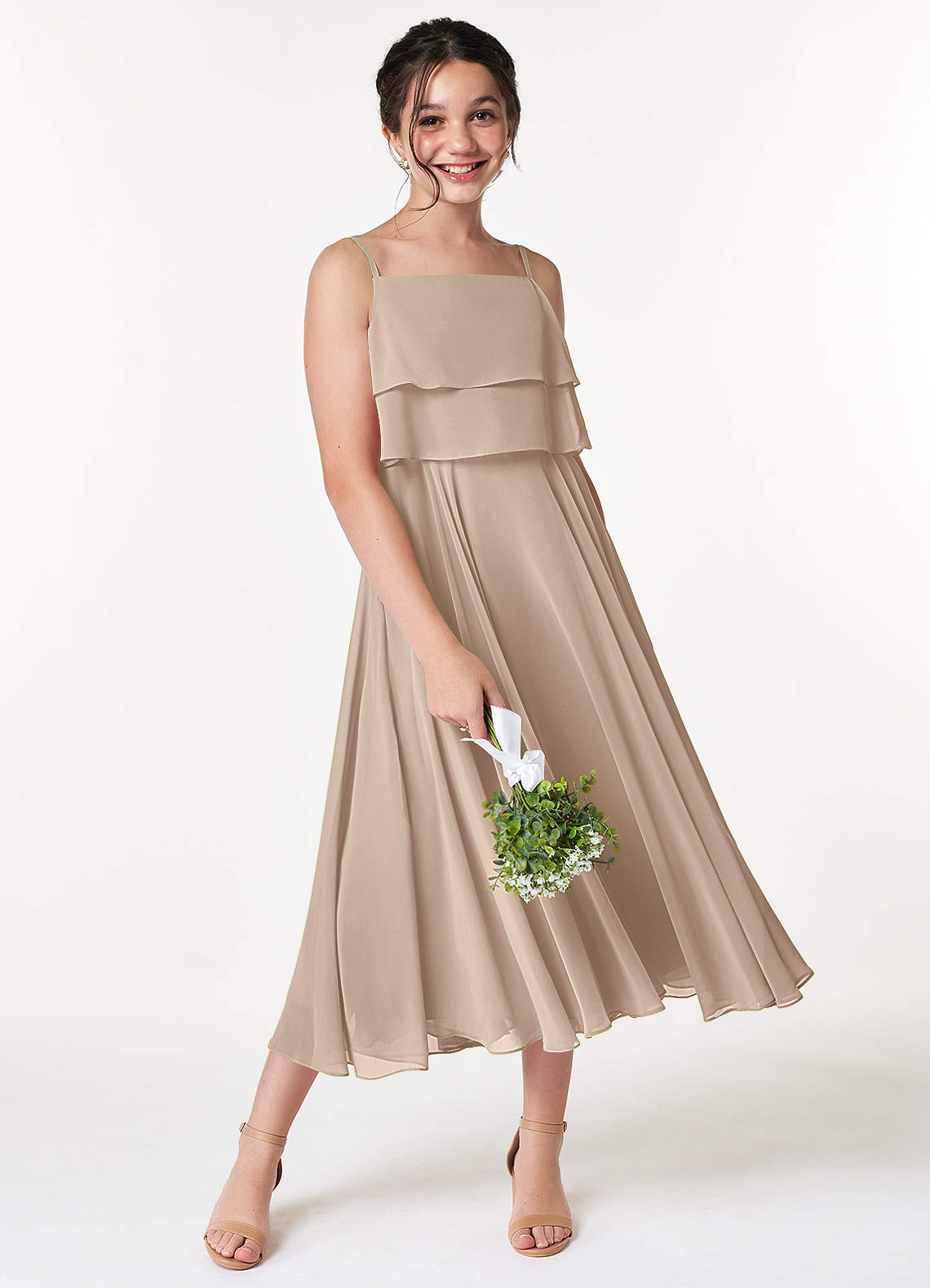 Azazie Ensley Junior Taupe A-Line Pleated Chiffon Dress image1