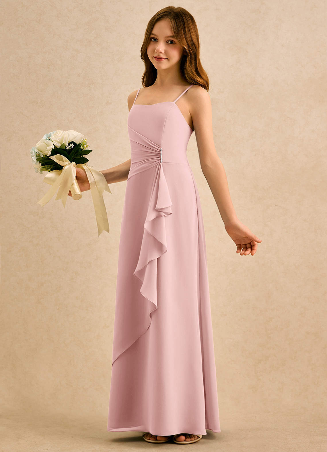 Azazie lolly Girls Formal Powder Pink A-Line Pleated Chiffon Dress | Azazie