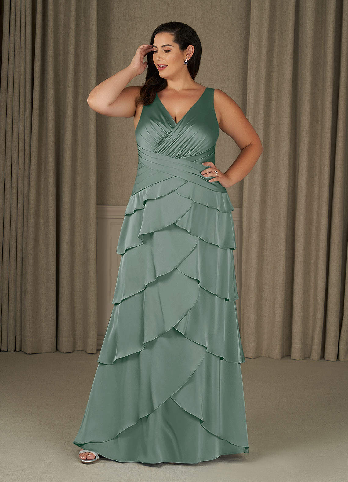 Azazie Viola Mother of the Bride Dresses Silver Sage A-Line Pleated Stretch Satin Dress image1