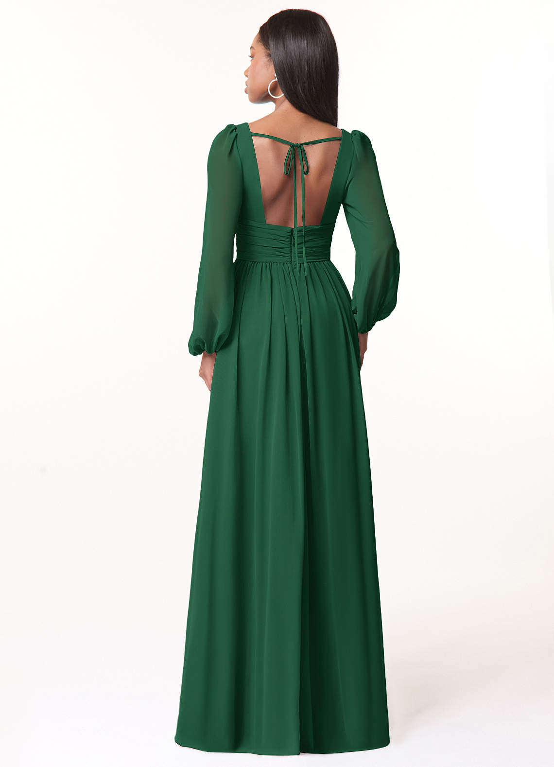 Azazie Norah Bridesmaid Dresses Dark Green A-Line V-Neck Long Sleeve Chiffon Dress image1