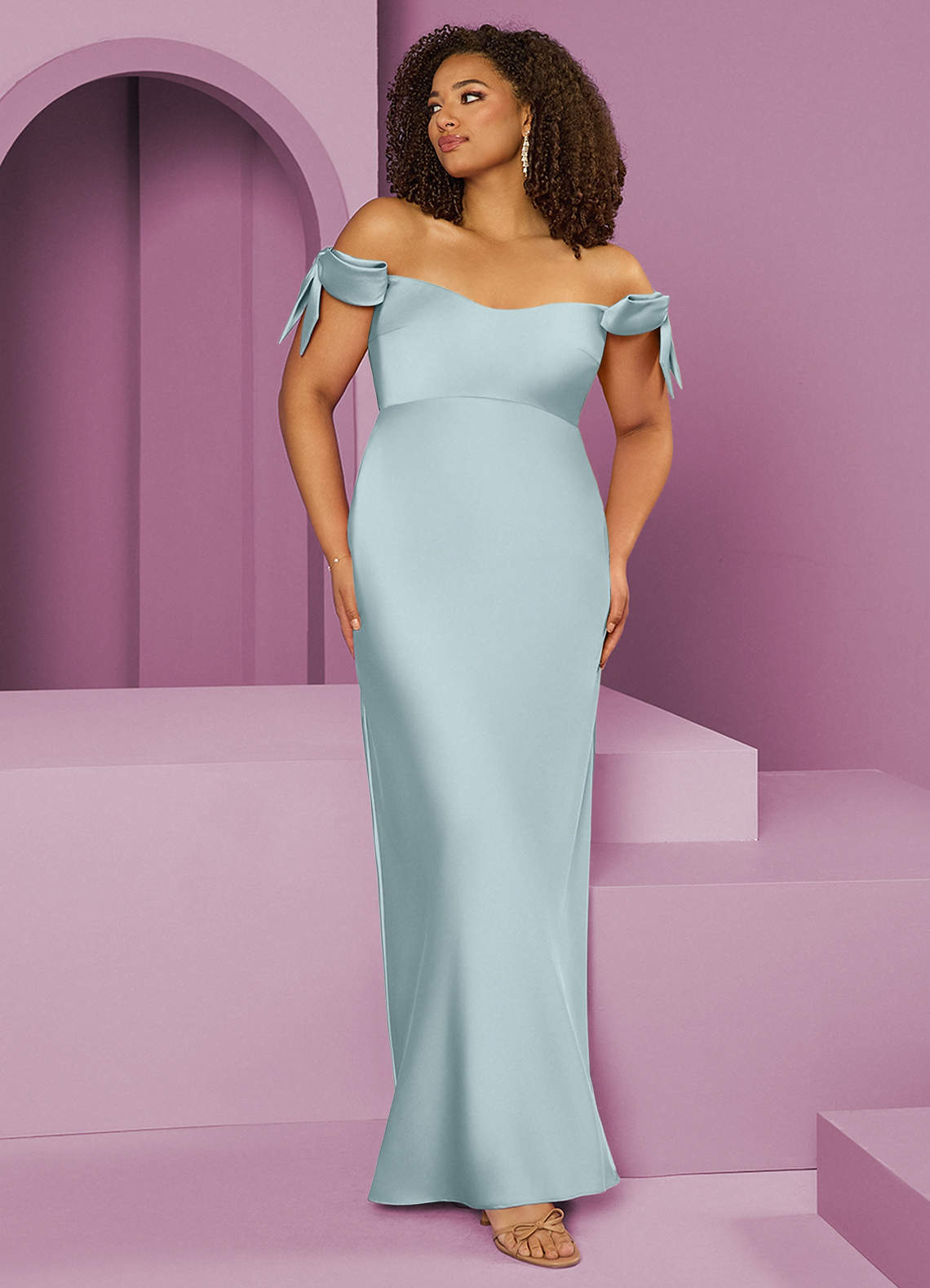 Barbie ♥ Azazie Bridesmaid Dresses Mist Sheath Off the Shoulder Stretch Satin Convertible Dress image1