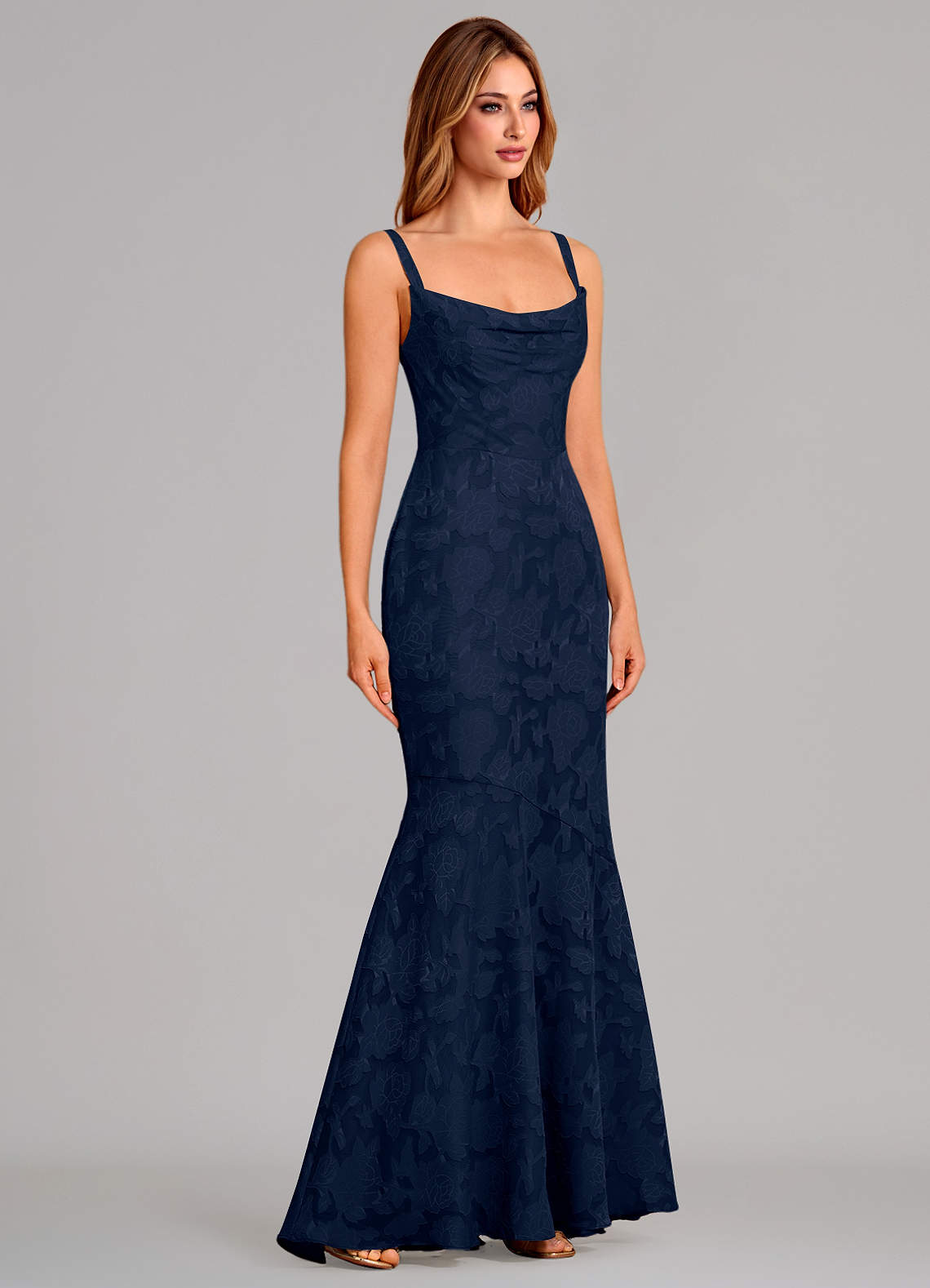 Azazie Aubrey Final Sale Dark Navy Mermaid Bow Floral Burnout Dress image3