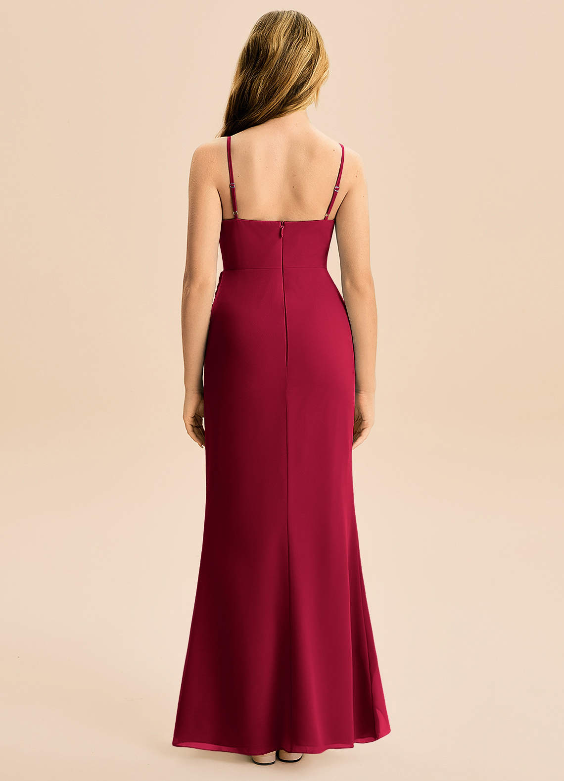 Azazie Buzzy Junior Burgundy Sheath Pleated Chiffon Dress image4