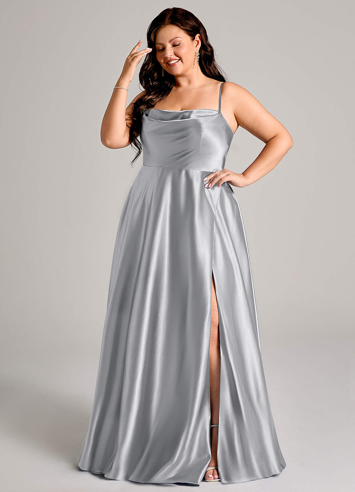 azazie silver bridesmaid dress Plus Size A-Line Cowl Neck Floor-Length Metallic Satin Dresses Women's size:20 US women's numeric our floor length stretch Afdoent Dresses For Women dareline