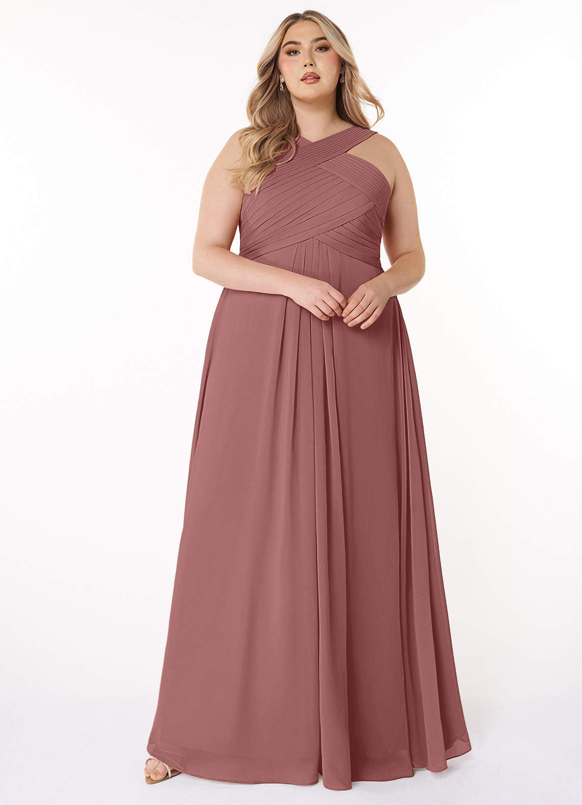 Azazie Plus Size A-Line Halter Neck Floor-Length Chiffon Bridesmaid Dresses - Desert Rose