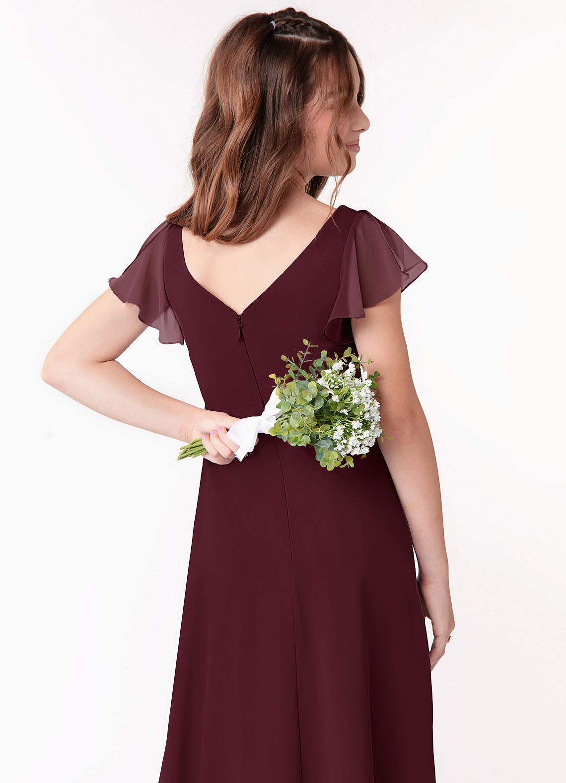 Azazie Omari Junior Vestido Cabernet de Chiffon de Linha A com Ruched image2