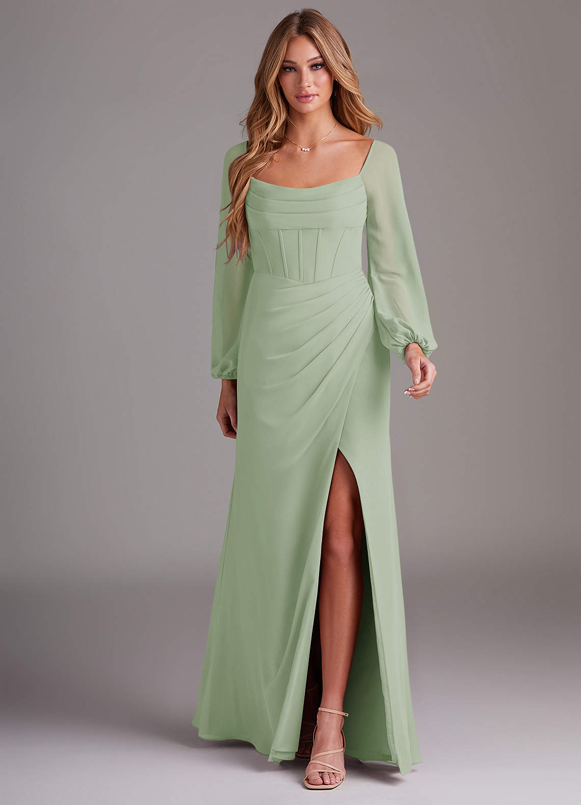 sage green bridesmaid dress long sleeve Azazie Sheath Cowl Neck Floor-Length Chiffon Dresses filter-price-2000-2999