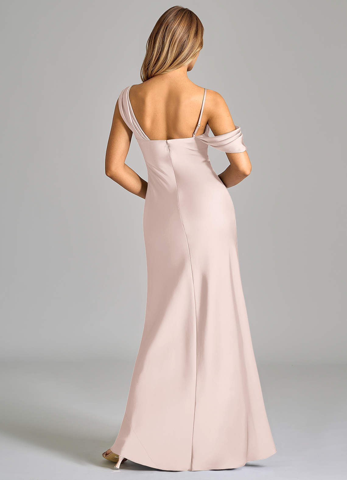 Azazie Celina Bridesmaid Dresses Blushing Pink Sheath Off the Shoulder Stretch Satin Dress image1