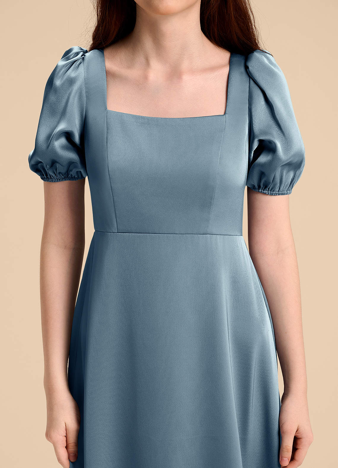 Azazie Briar Junior Robe Trapèze en Satin extensible Arc Bleu Poussiéreux image7