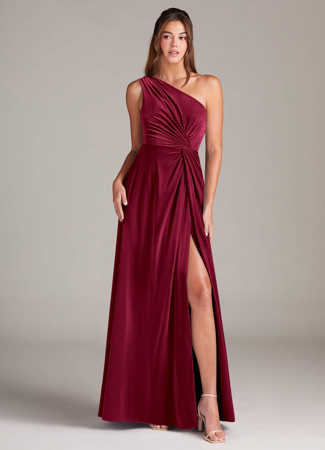 Azazie Brooke Bridesmaid Dresses Burgundy A-Line One Shoulder Velvet Dress image1