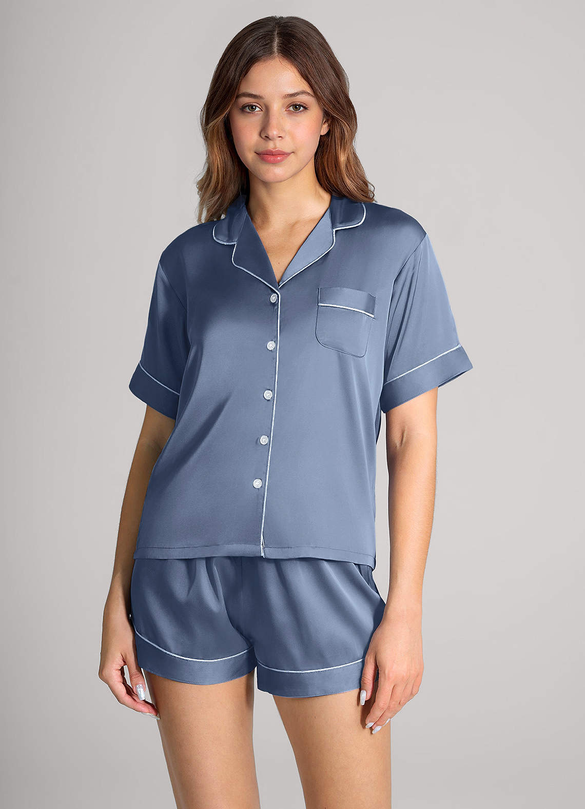 front Matching Color Satin Contrast Piping Pajama Set