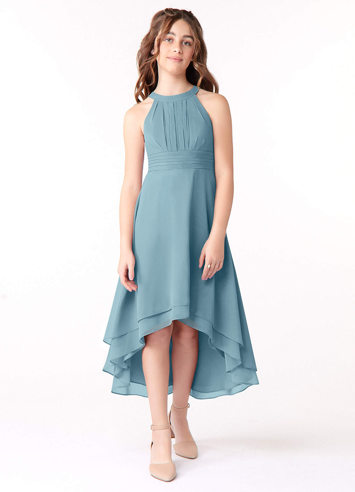 Azazie Linna Junior Vestido de Azul Malhumorado de Gasa de Corte En A con Plisado image1