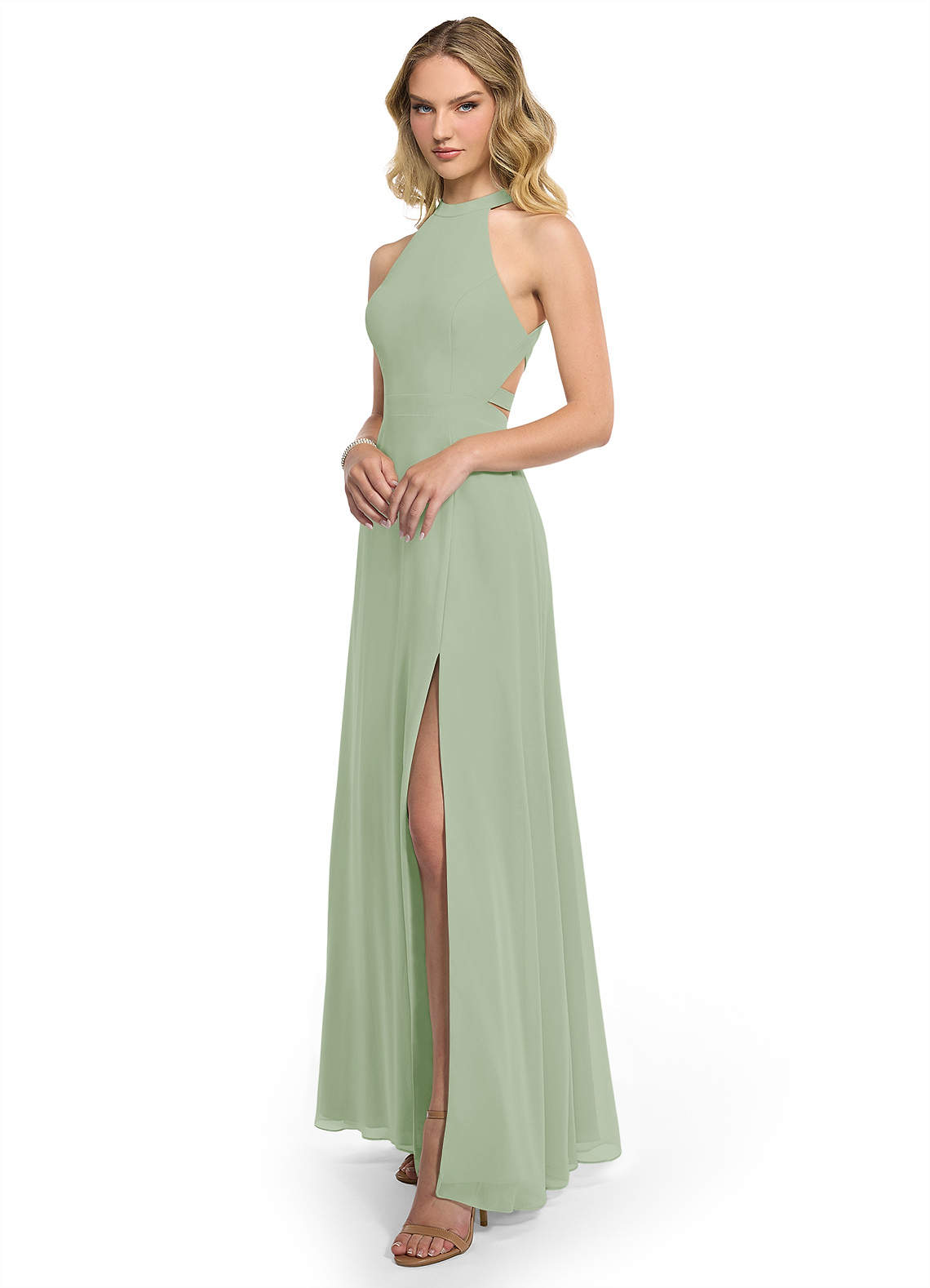 Azazie Clarice Abiti da Damigella Abito A-Line in Chiffon con Scollo Halter Verde Salvia image1