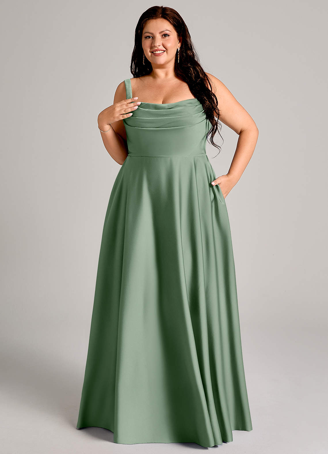 Azazie Shaude Bridesmaid Dresses Matcha A-Line Pleated Stretch Satin Dress image10