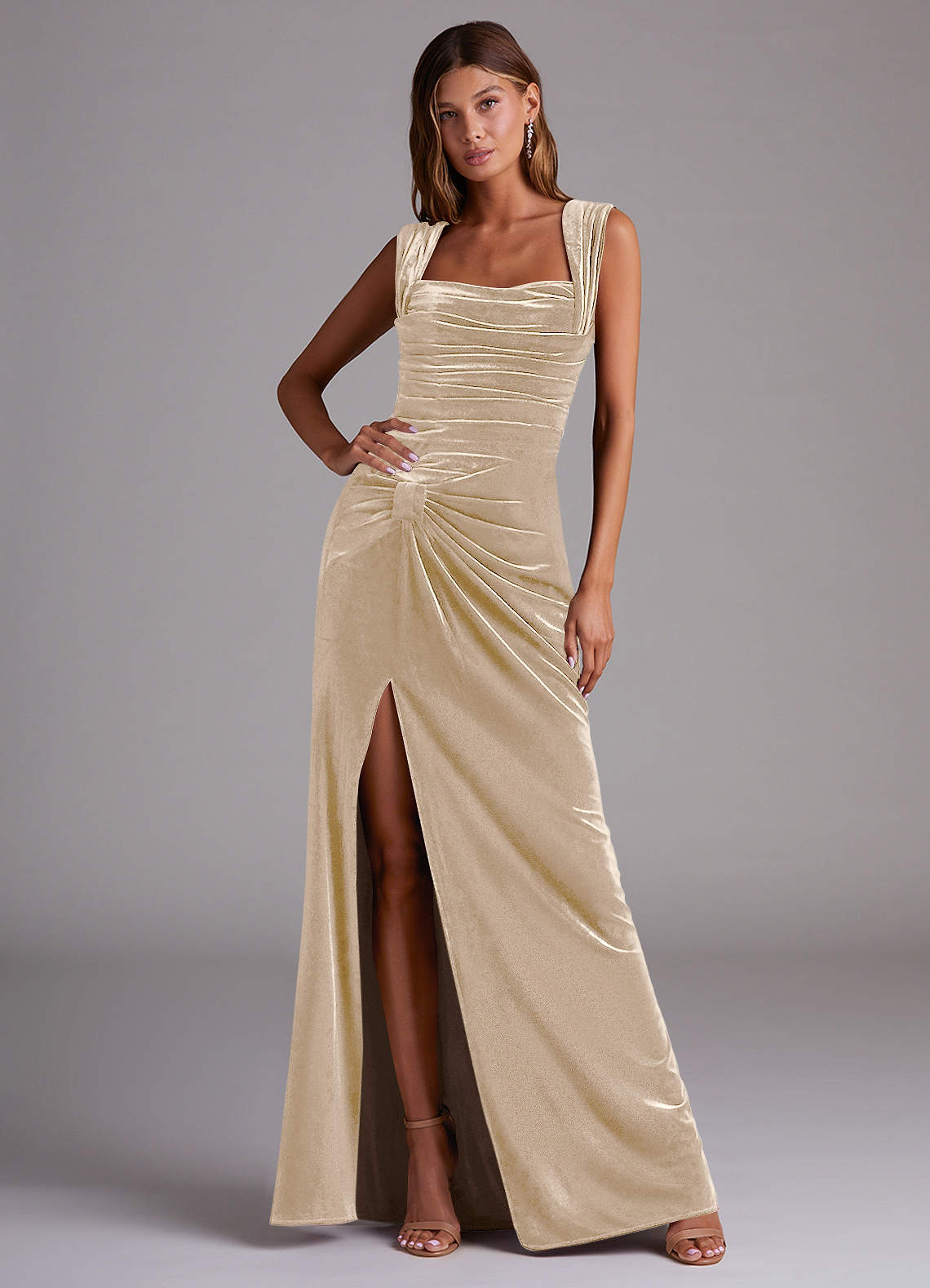Azazie Genesis Bridesmaid Dresses Champagne Sheath Pleated Velvet Dress image1