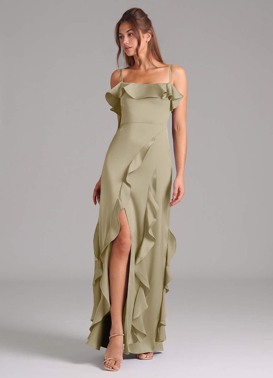 Azazie Malia Bridesmaid Dresses Moss Green A-Line Side Slit Stretch Satin Dress image1