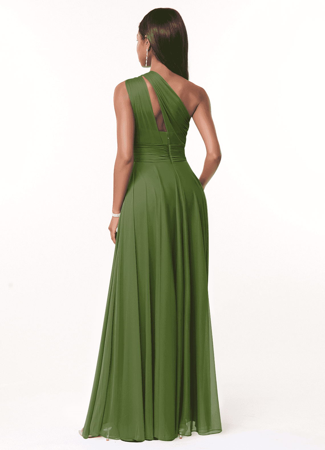 Azazie Charlize Vestidos de damas de honor Vestido de Oliva de Malla de Corte en A con Hombro unilateral image1