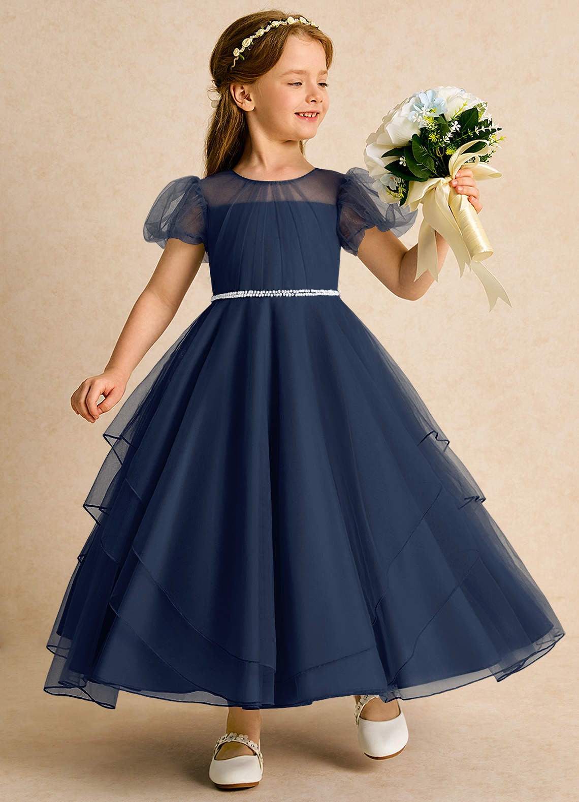 Azazie Ball-Gown Scoop Neck Ankle-Length Tulle Flower Girl Dresses - Dark Navy