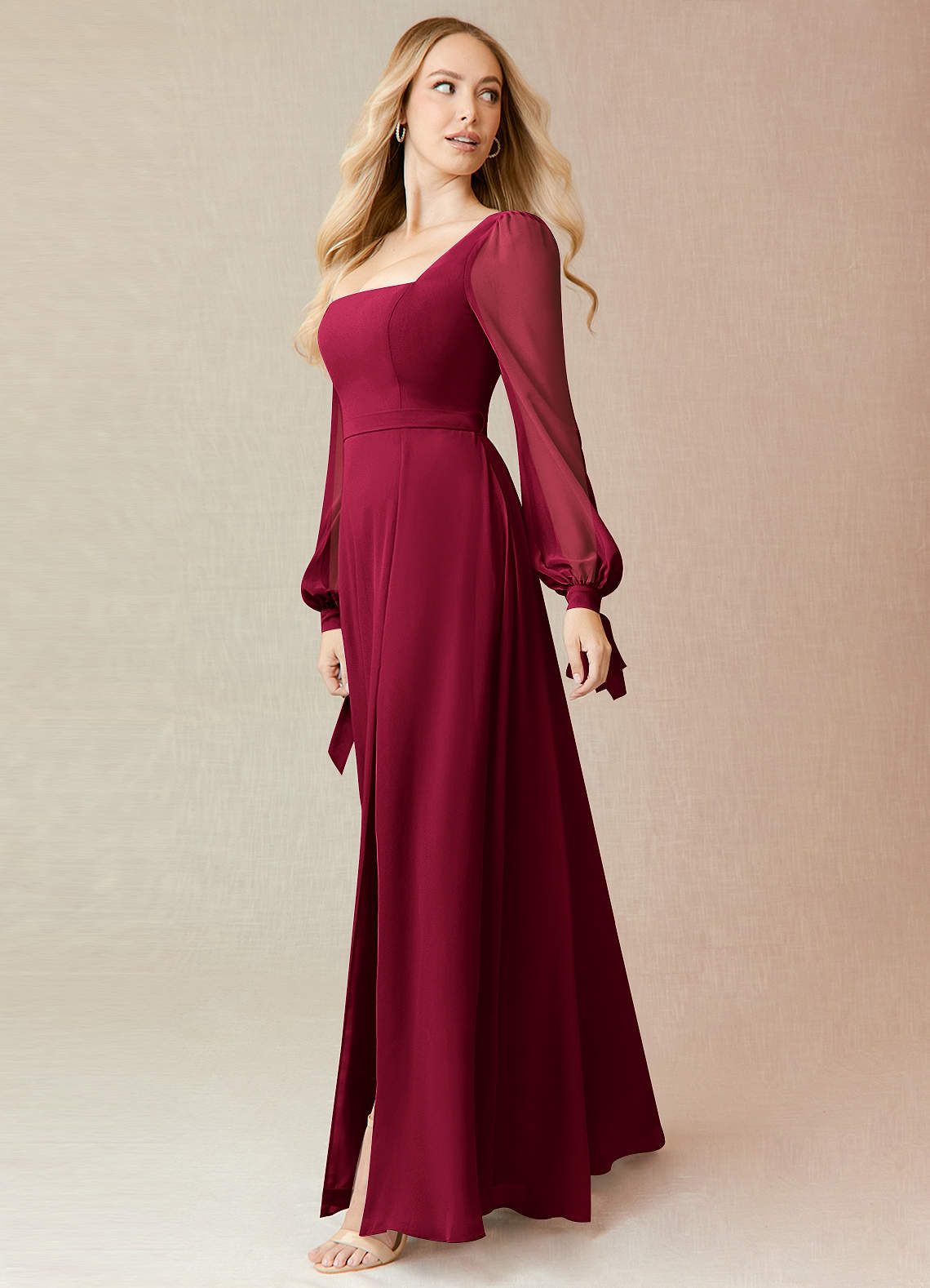 Azazie Leonia Bridesmaid Dresses Burgundy A-Line Long Sleeve Chiffon Dress image3