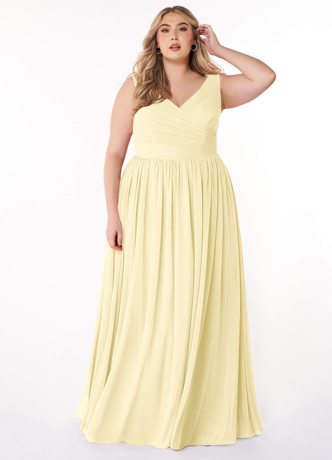Azazie Keyla Bridesmaid Dresses Lemon Sorbet A-Line V-Neck Pleated Chiffon Dress image1