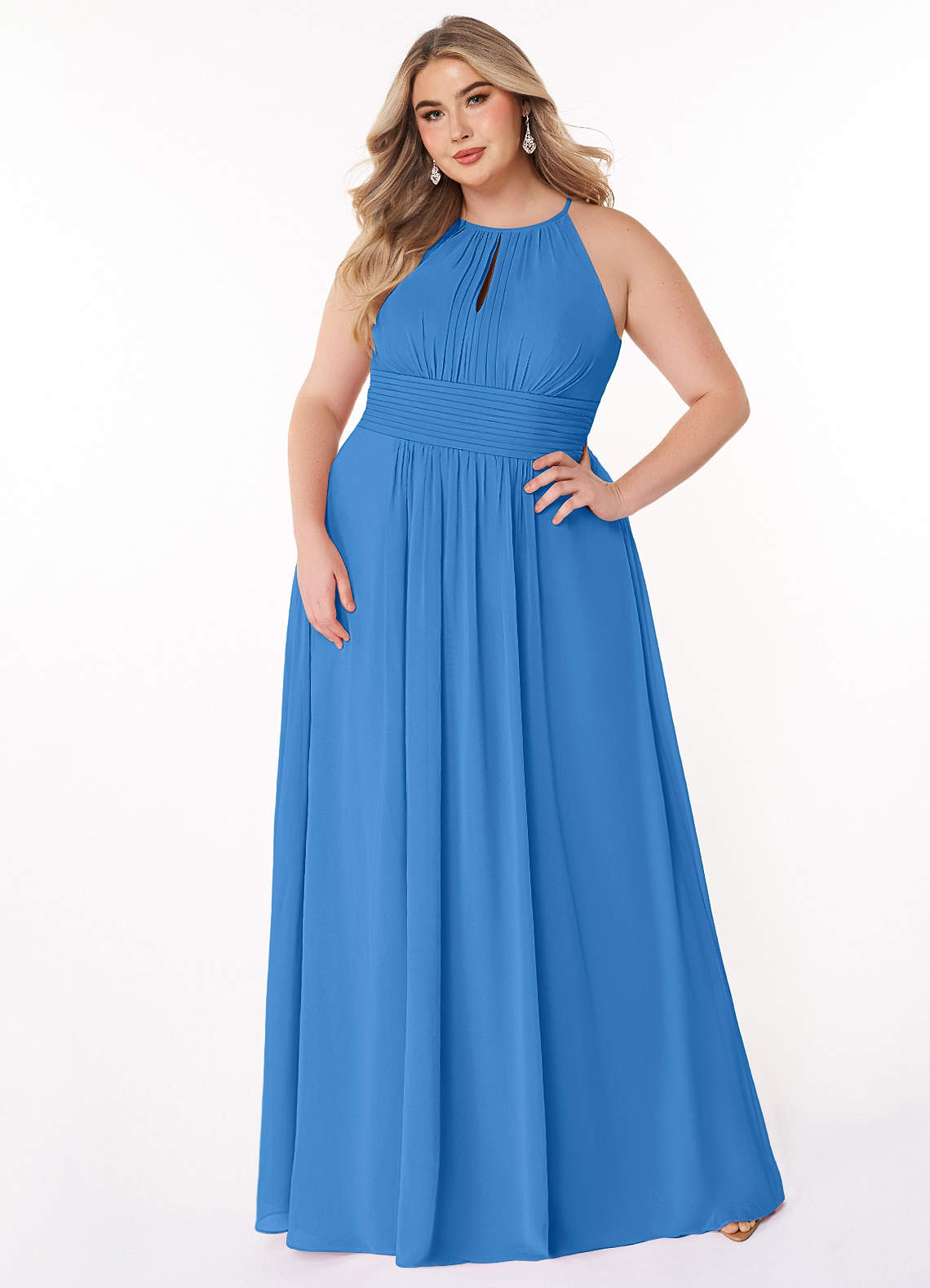 Azazie Bonnie Vestidos de damas de honor Vestido de Azul Grisaceo de Gasa de Corte en A con Cuello de pico fruncido image5