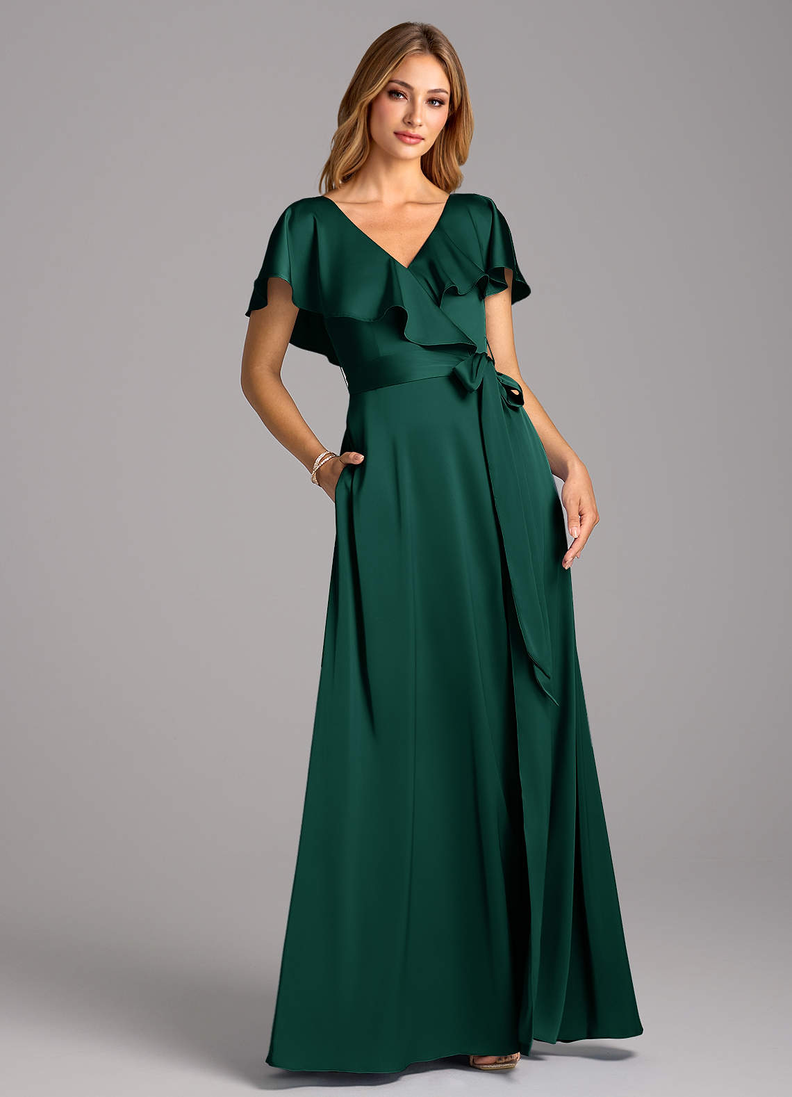 Azazie Lainey Bridesmaid Dresses Emerald A-Line with Pockets Stretch Satin Dress image1