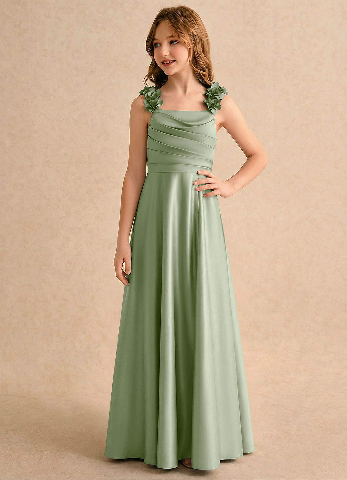 Azazie Rosita Girls Formal Flower Girl Dresses Dusty Sage A-Line Pleated Stretch Satin Dress image3