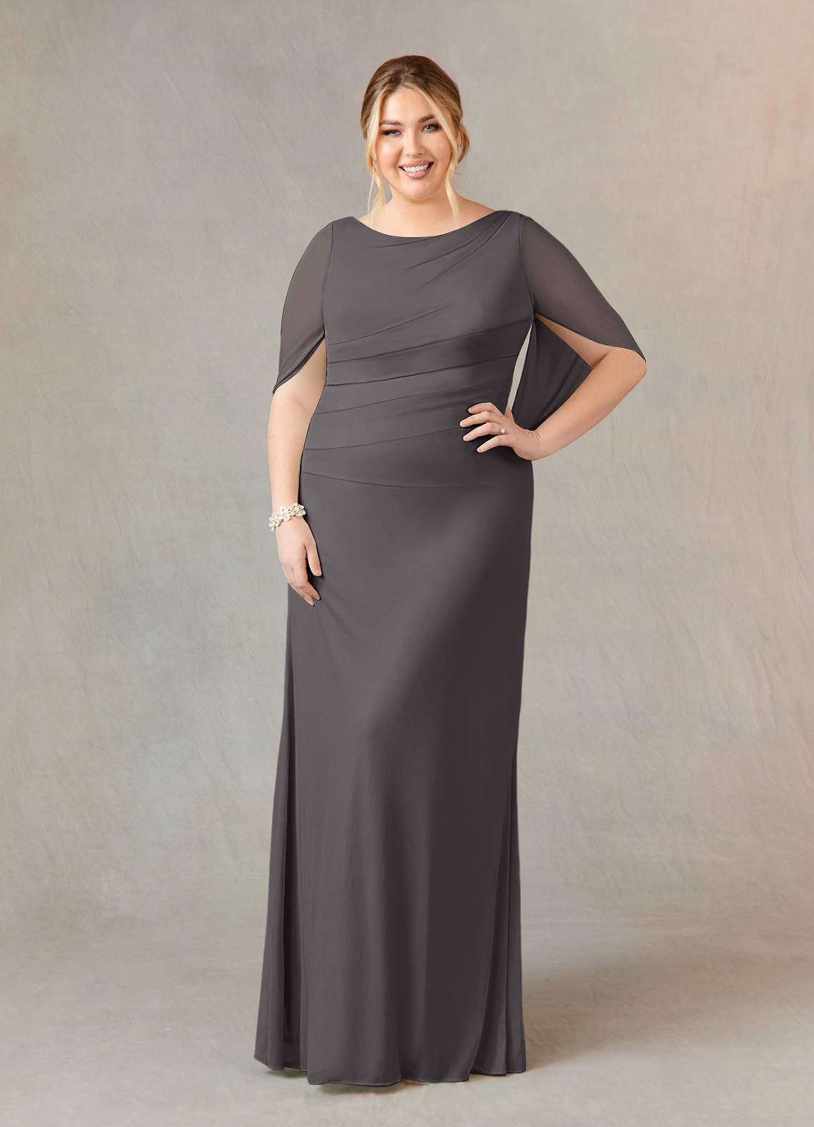 Azazie Belladonna Mother of the Bride Dresses Steel Grey Mermaid Scoop Pleated Mesh Dress image1