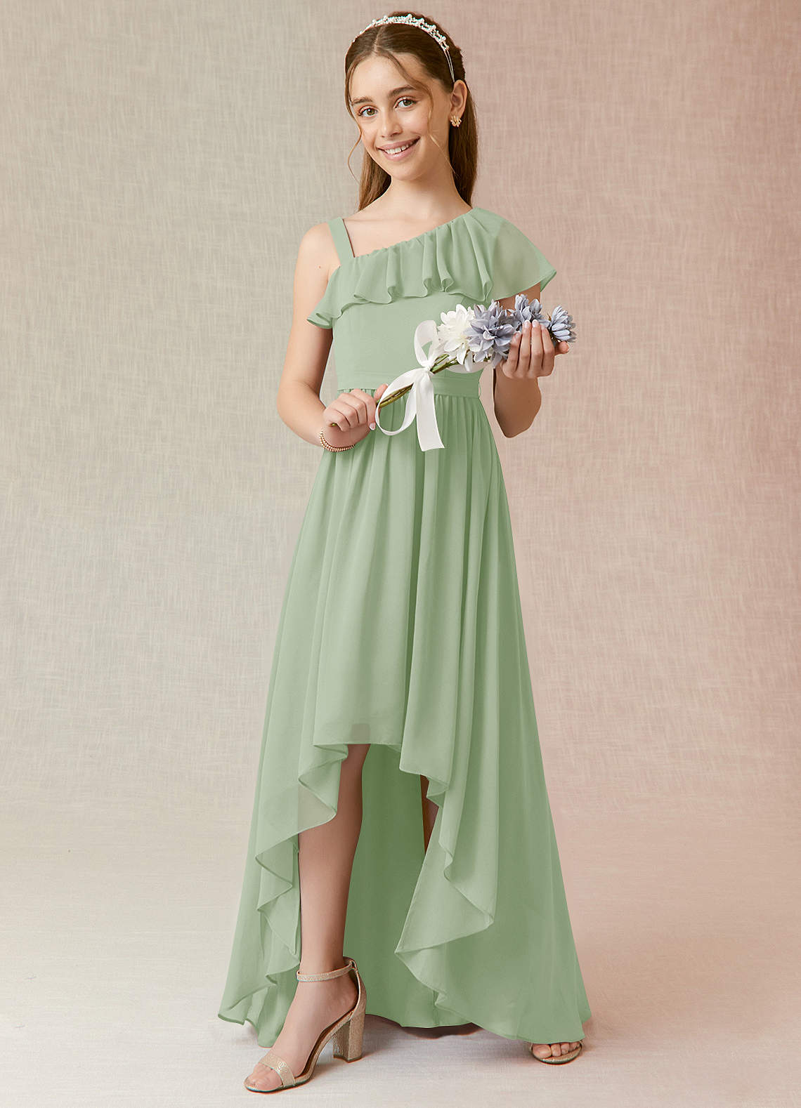 mango sage green dress Azazie Junior Hunter Bell