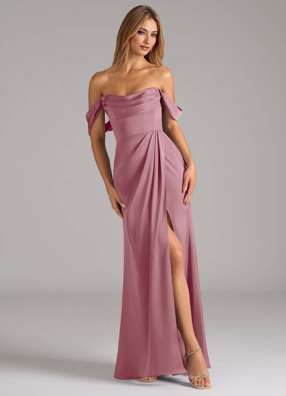 Azazie Johana Bridesmaid Dresses Vintage Mauve Mermaid Off the Shoulder Stretch Satin Convertible Dress image1