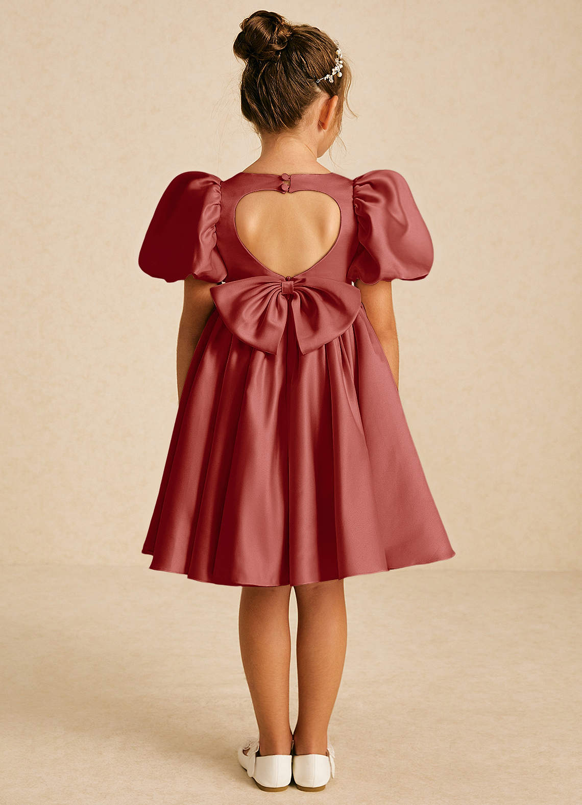 Azazie Muffin Flower Girl Dresses Terracotta A-Line with Sleeves Matte Satin Dress image1