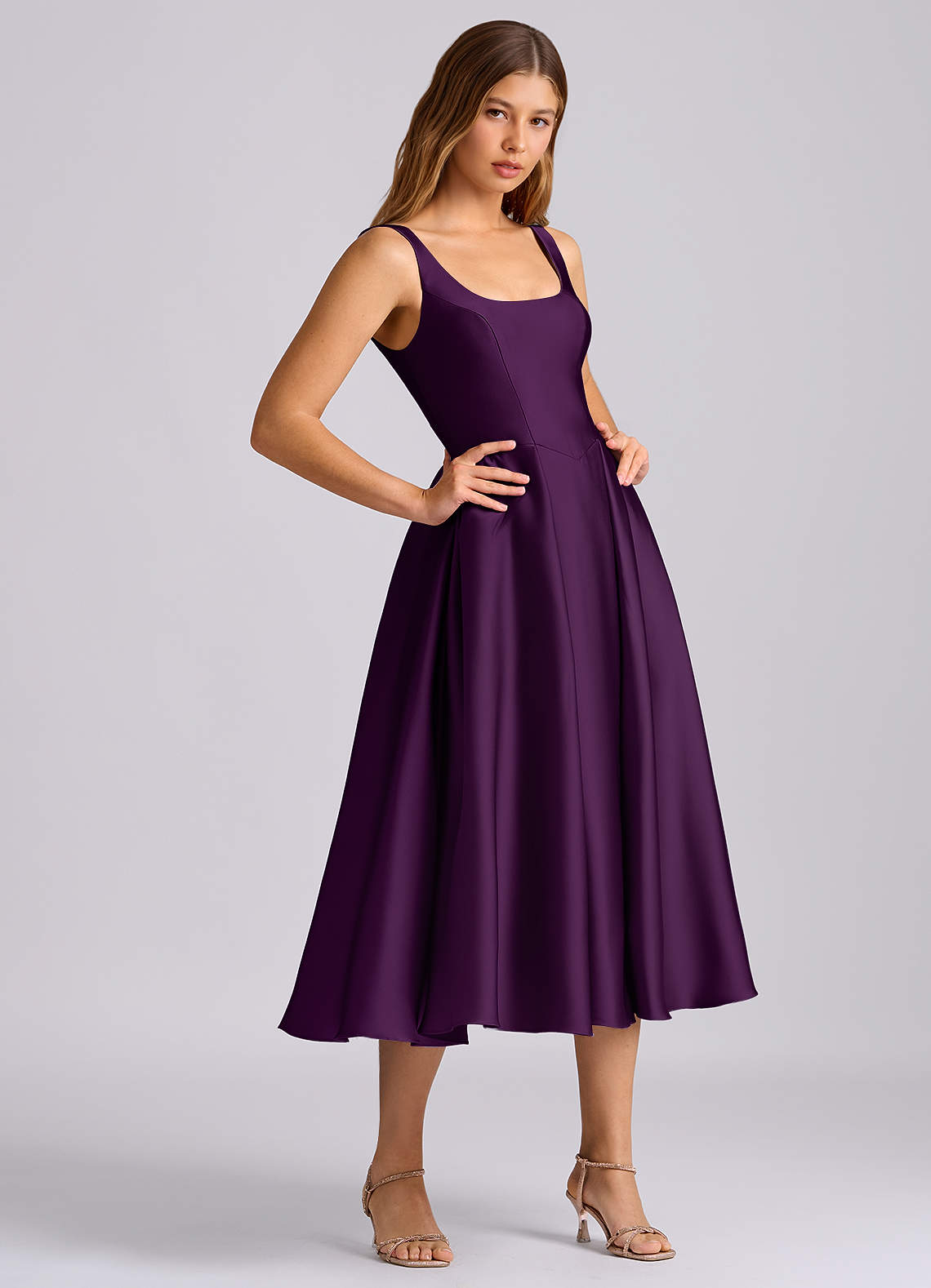purple tea length bridesmaid dresses Tahiti Purple Bridesmaid Dresses A Line High Low Spaghetti Straps Stretch  Satin Bridesmaid Dress main image 1