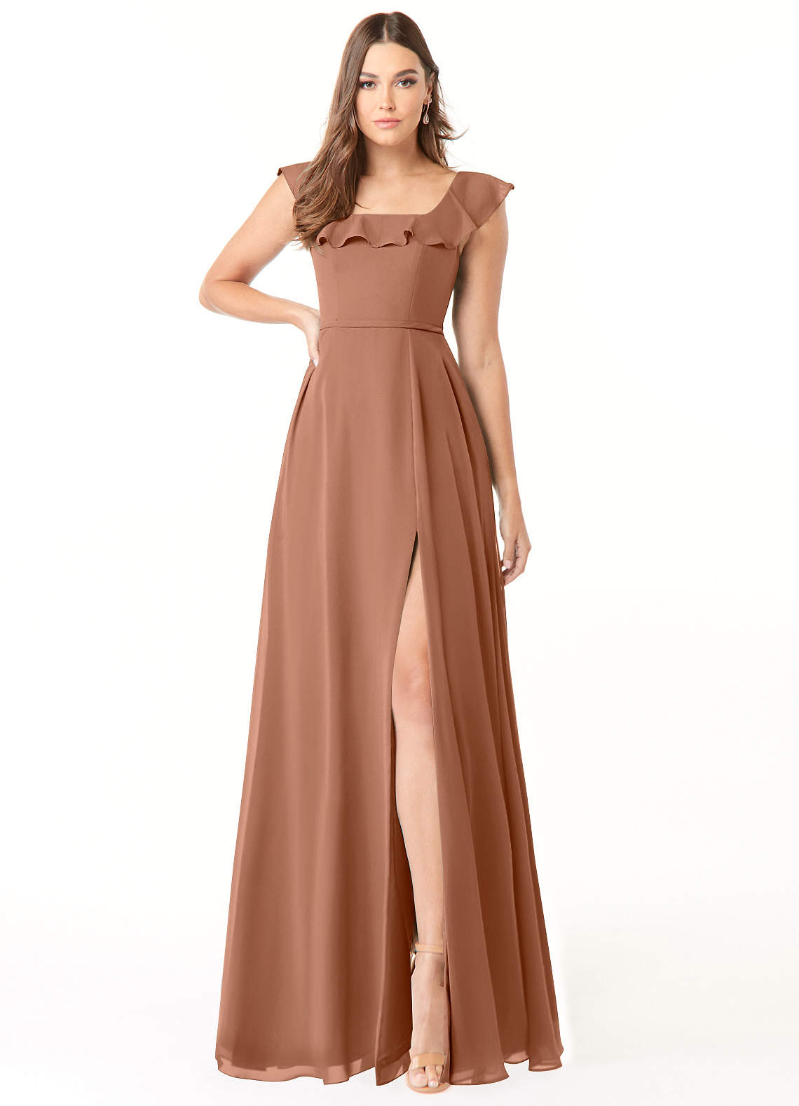 Azazie Jinny Bridesmaid Dresses Bronzer A-Line Square Neckline Ruched Chiffon Dress image1