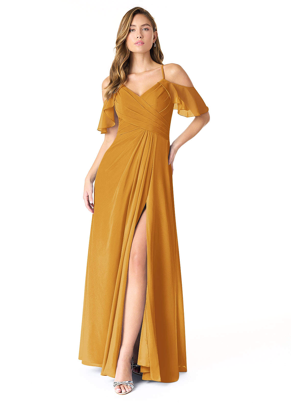 Azazie Dakota Abiti da Damigella Abito A-Line in Chiffon con Scollo a V a Pieghe Caramello image1