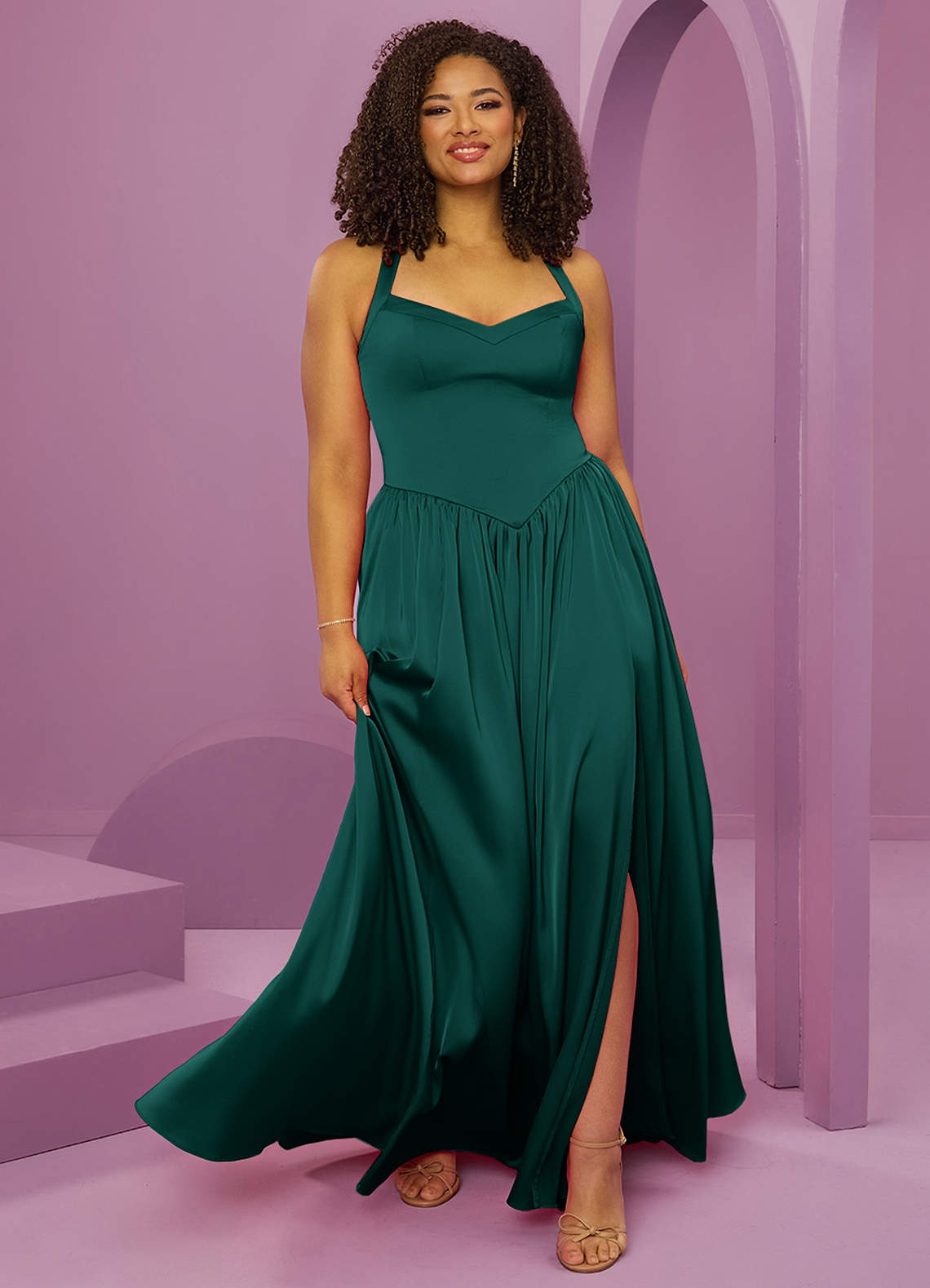 Barbie ♥ Azazie Vente Finale Robe Trapèze en Satin extensible avec poches émeraude image9