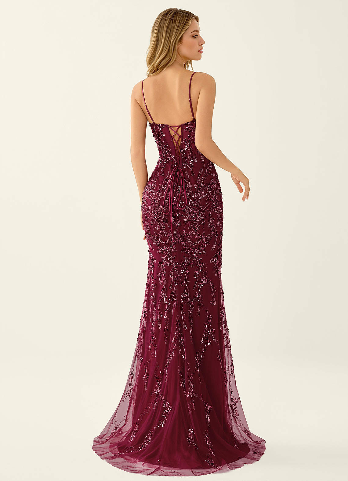 Zivah Burgundy Beading Corset Lace Up Back Mermaid Prom Dress | Azazie