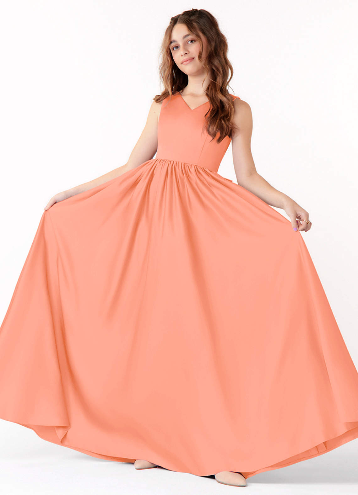 Azazie Hathaway Junior A-Linie Schleifen Matte Satin Kleid Sonnenuntergang image1