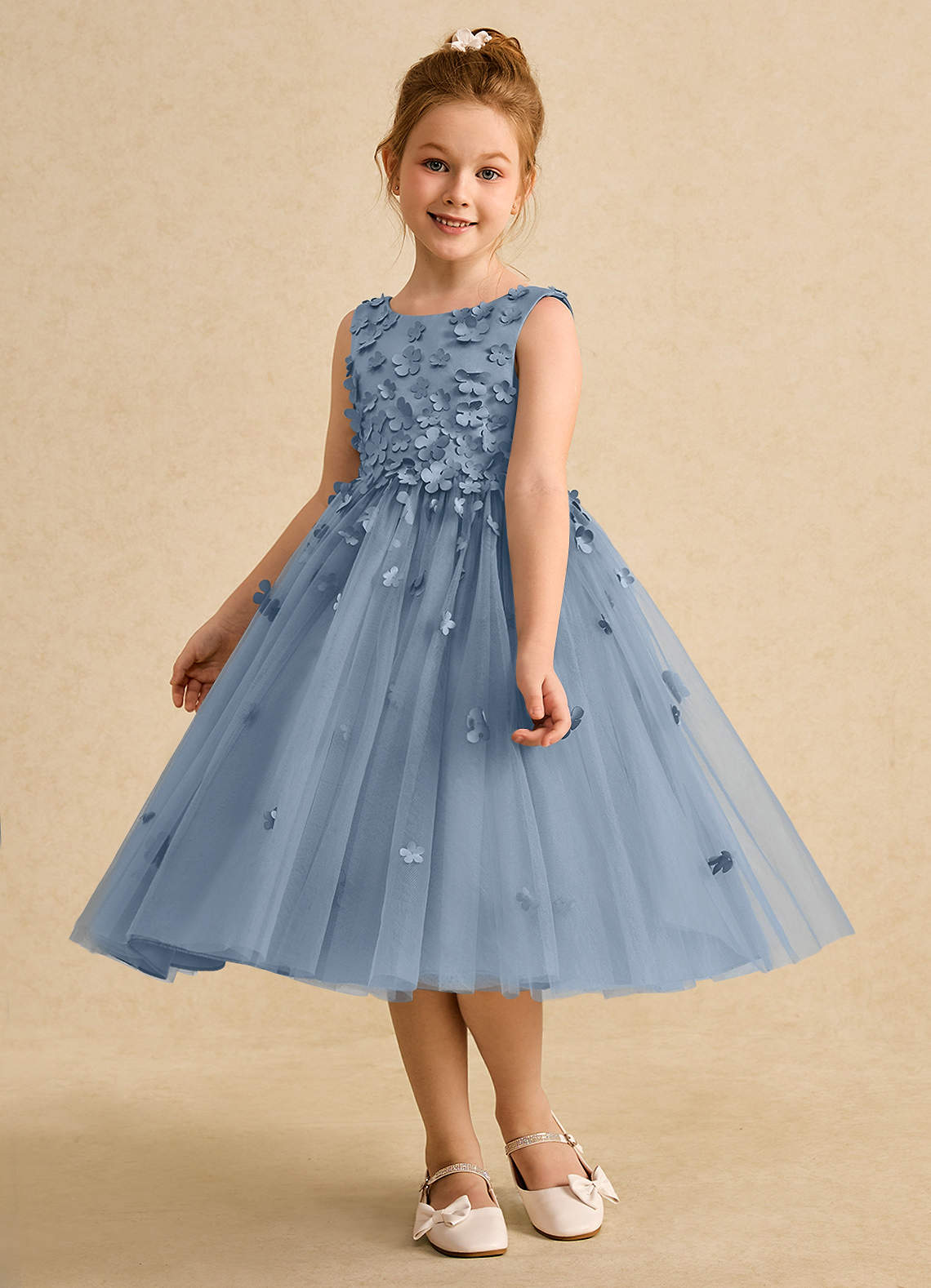 Azazie Lana Flower Girl Dresses Dusty Blue A-Line Sleeveless Matte Satin Dress image2