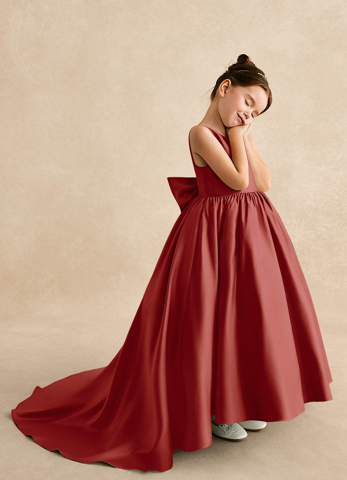 Azazie A-Line/Princess Scoop Neck Chapel Train Matte Satin Flower Girl Dresses - Terracotta