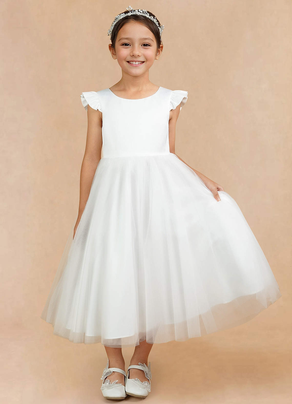 Azazie Hemi Flower Girl Dresses Ivory Dusty Rose A-Line Bow Tulle Dress image5