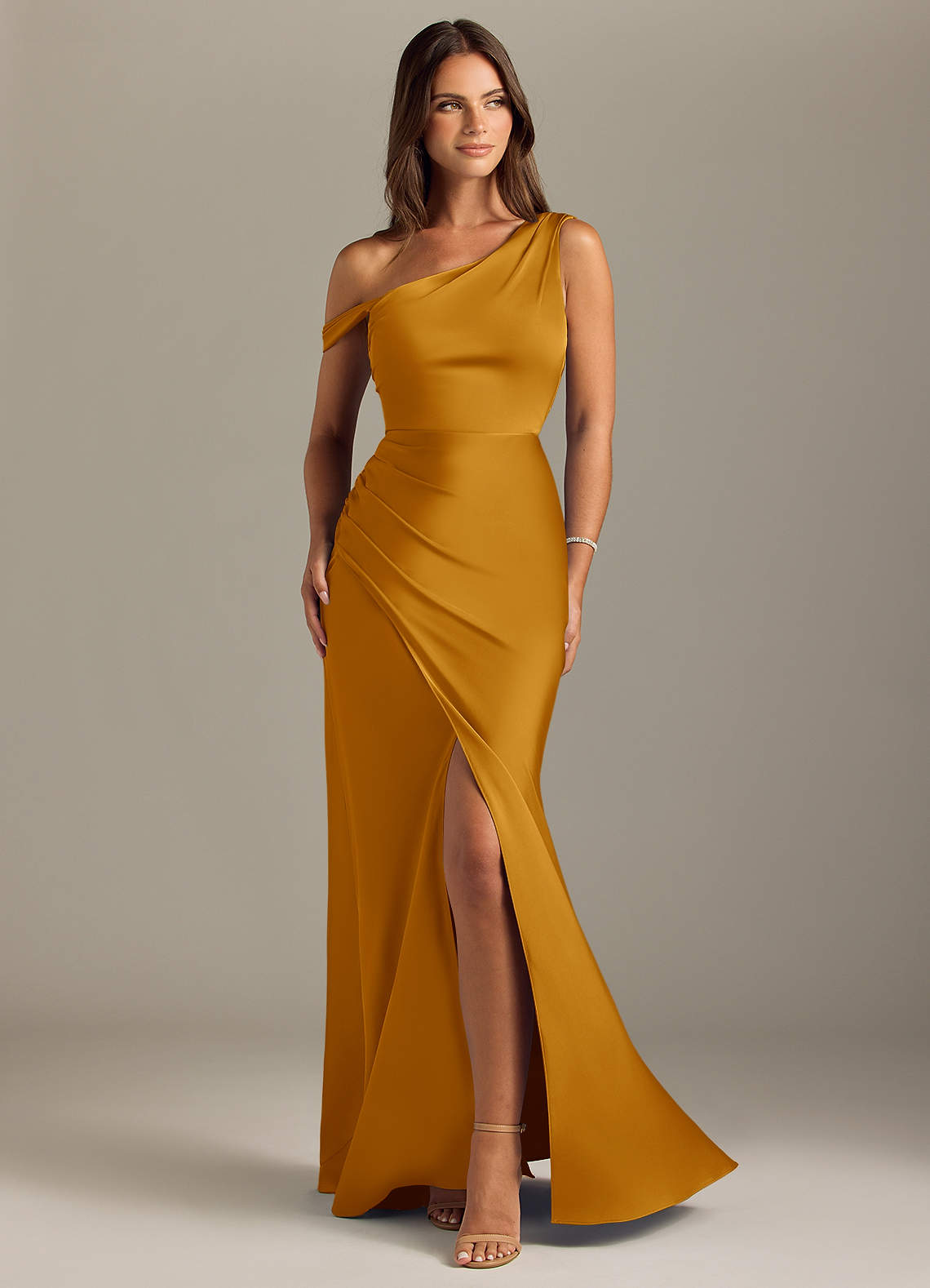 Azazie Madelyn Bridesmaid Dresses Butterscotch Mermaid Off the Shoulder Stretch Satin Convertible Dress image1