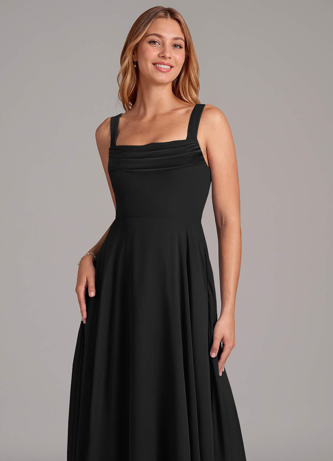 Azazie Shaude At-home Try On Dresses Black A-Line Pleated Chiffon Dress image4