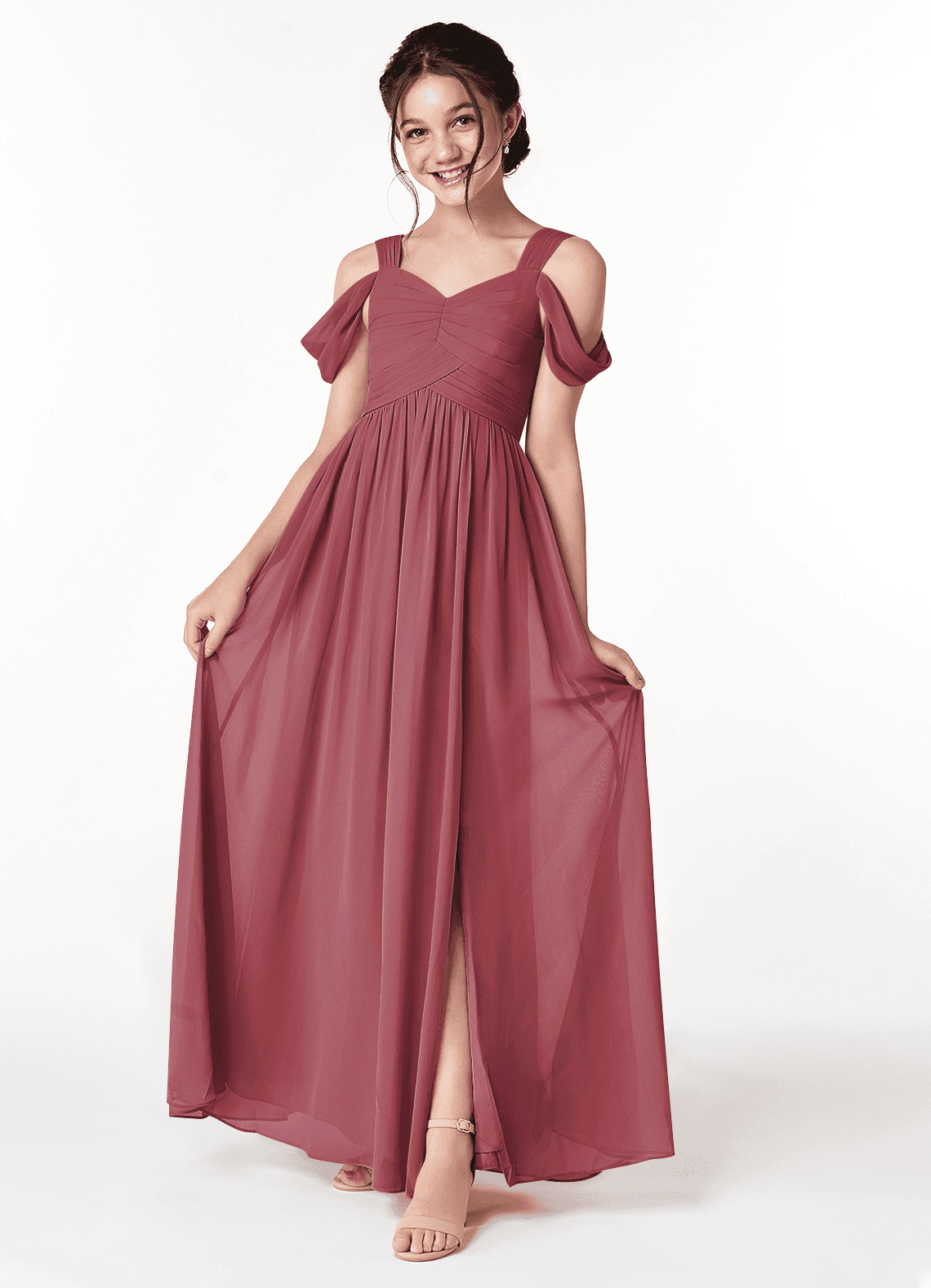 Azazie Lianne Junior Jurk van Chiffon met A-Lijn Off the Shoulder Merlot image1