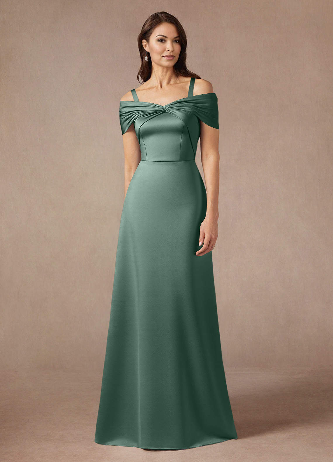 Azazie Amelia Mother of the Bride Dresses Eucalyptus A-Line Off the Shoulder Stretch Satin Dress image4