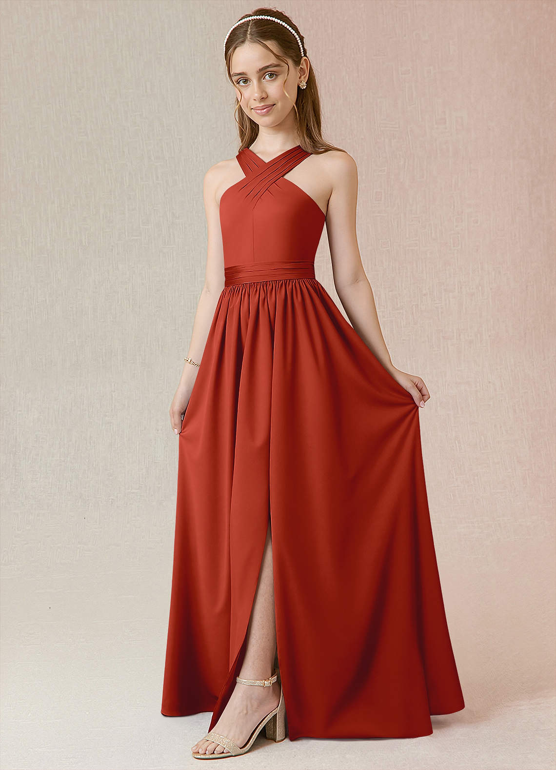 Azazie Jiya Junior Rust A-Line Pleated Stretch Satin Dress image1
