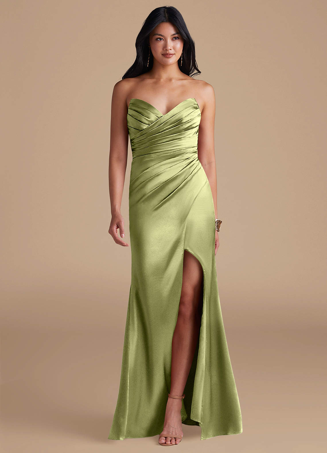 Azazie Yola Bridesmaid Dresses Pistachio Sheath Pleated Metallic Satin Dress image1