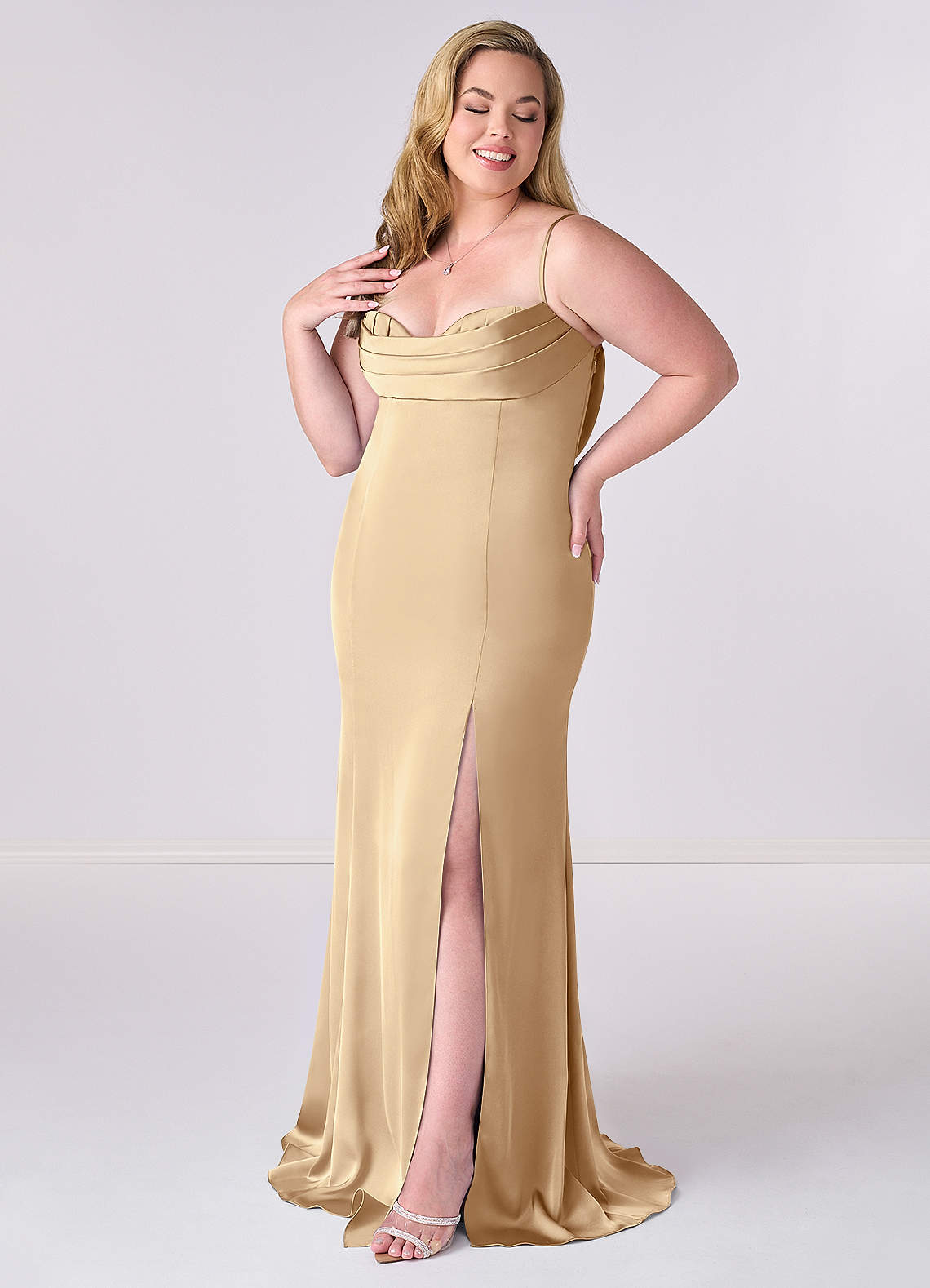 Barbie ♥ Azazie Bridesmaid Dresses Pleated Lace Up Mermaid Stretch Satin Dress image8
