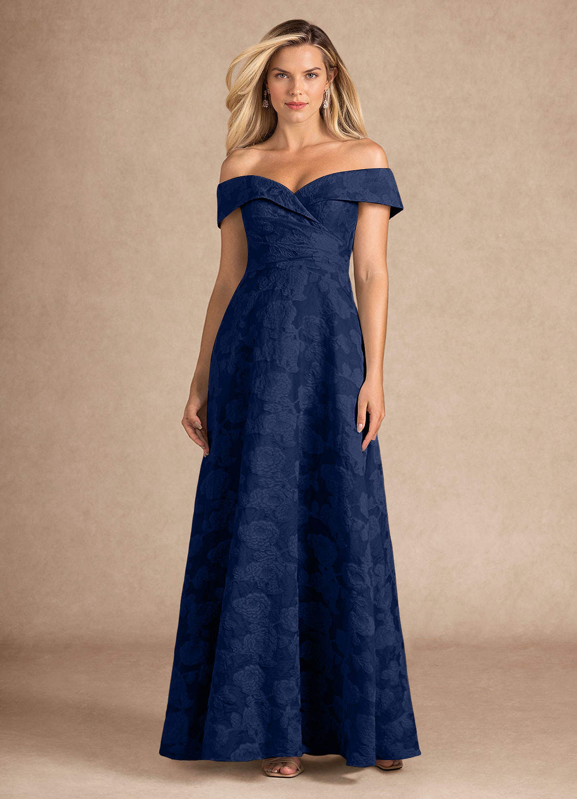 Azazie New London Dark Navy Jacquard A-Line Pleated Floral Burnout