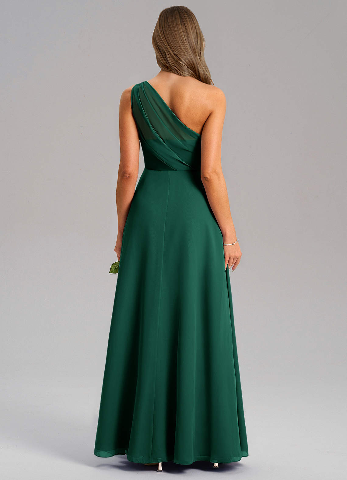 Azazie Phaedra Vestidos de madrinha de casamento Vestido Esmeralda de Chiffon de Linha A com Um ombro image1